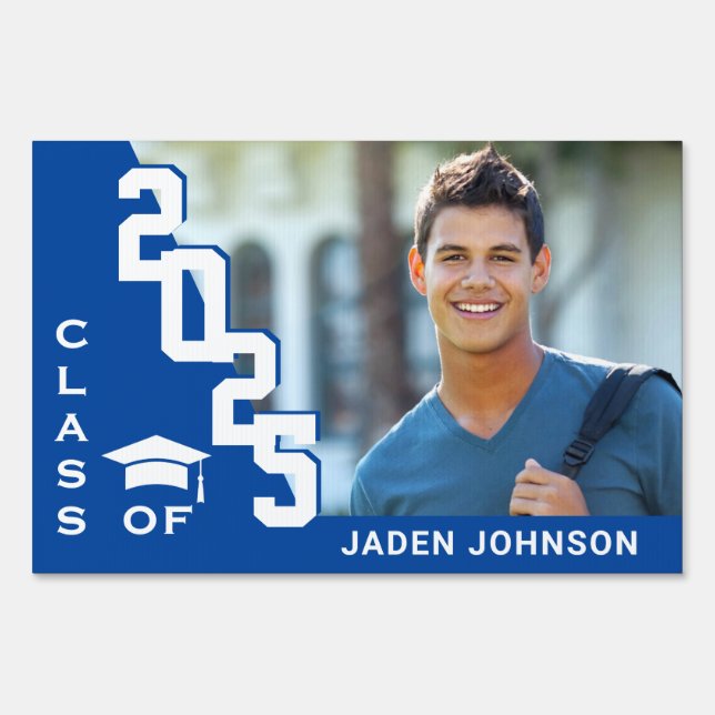 Modern Blue White Graduation Photo Yard Sign (Front)