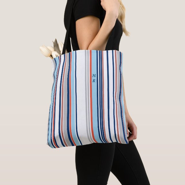 Modern Blue White Gray Red Stripes Monogram Tote Bag (Close Up)
