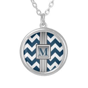 Modern Blue White Grey Monogrammed Chevron Silver Plated Necklace
