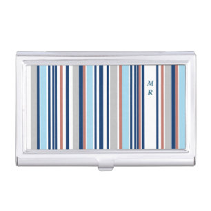 Modern Blue White Grey Red Stripes Monogram Business Card Case