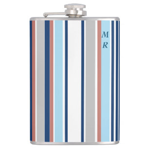 Modern Blue White Grey Red Stripes Monogram Flask