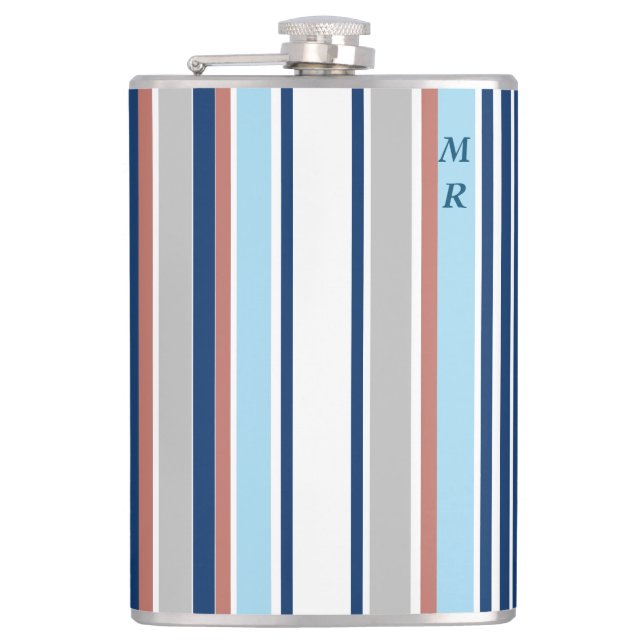Modern Blue White Grey Red Stripes Monogram Flask (Front)