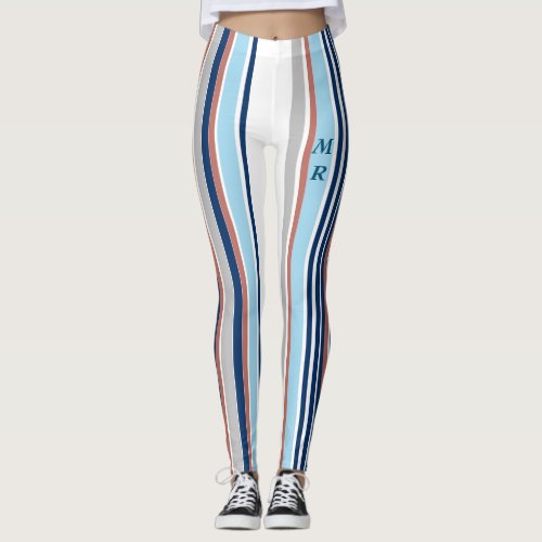 Modern Blue White Grey Red Stripes Monogram Leggings