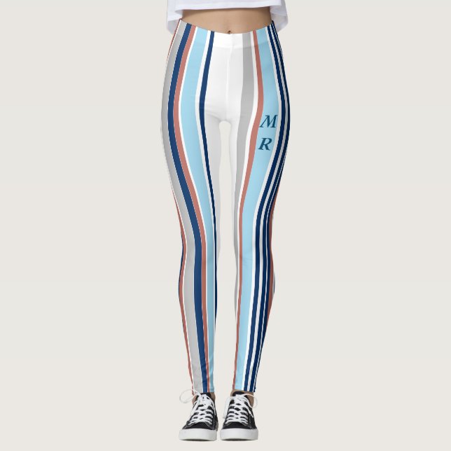 Modern Blue White Grey Red Stripes Monogram Leggings (Front)
