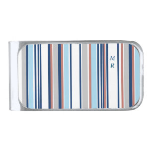 Modern Blue White Grey Red Stripes Monogram Silver Finish Money Clip
