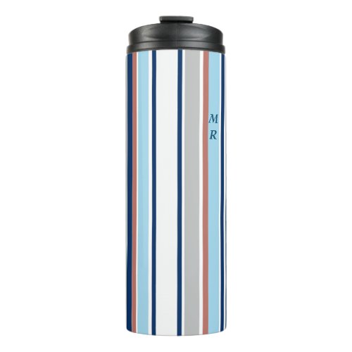 Modern Blue White Grey Red Stripes Monogram Thermal Tumbler