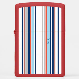 Modern Blue White Grey Red Stripes Monogram Zippo Lighter