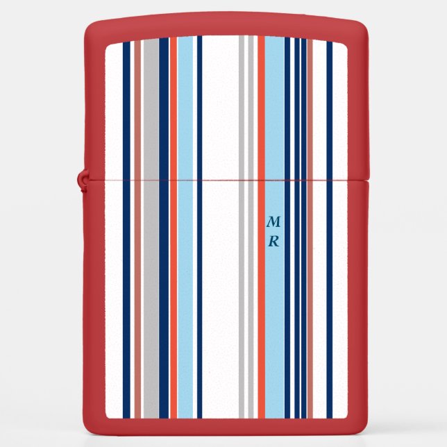 Modern Blue White Grey Red Stripes Monogram Zippo Lighter (Front)
