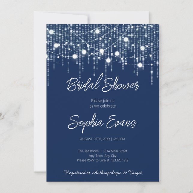 Modern Blue & White Hanging Lights Bridal Shower Invitation (Front)