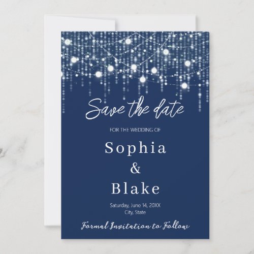 Modern Blue  White Hanging Lights Save the Date  Invitation
