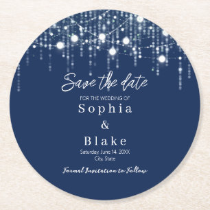 Modern Blue & White Hanging Lights Save the Date Round Paper Coaster