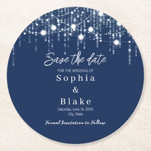 Modern Blue  White Hanging Lights Save the Date Round Paper Coaster