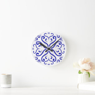 Modern Blue White Heart Swirl Pattern Kitchen Round Clock