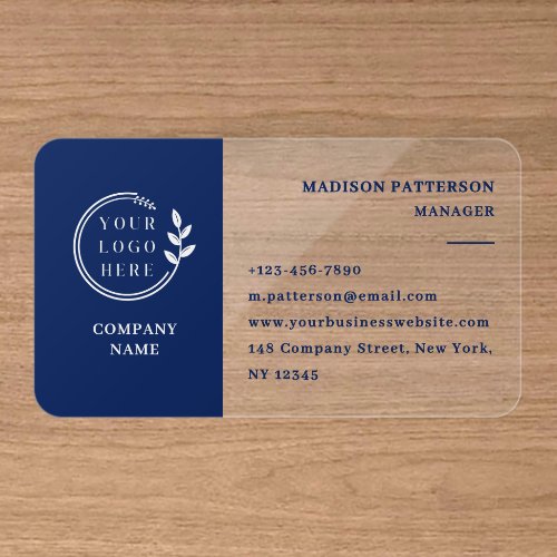 Modern Blue White Logo Branding Clear Business Cards