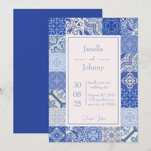 Modern Blue & White Mediterranean Tiles Wedding  Invitation (Front/Back)