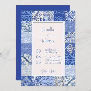 Modern Blue & White Mediterranean Tiles Wedding Invitation