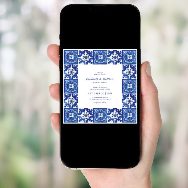 Modern Blue & White Mediterranean Tiles Wedding Invitation (Front Digital)