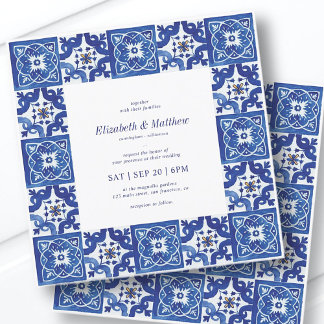 Modern Blue & White Mediterranean Tiles Wedding Invitation