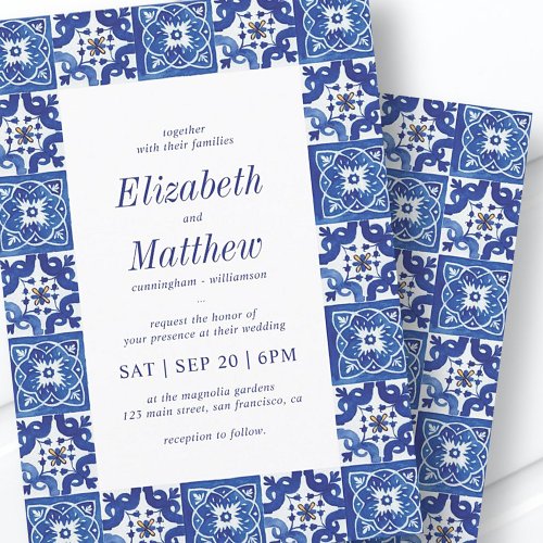 Modern Blue  White Mediterranean Tiles Wedding Invitation