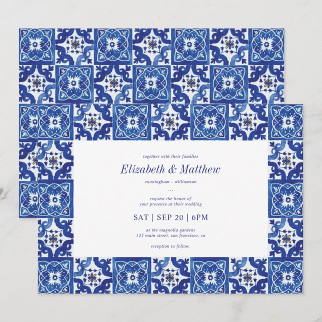 Modern Blue & White Mediterranean Tiles Wedding Invitation (Front/Back)