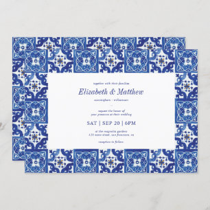 Modern Blue & White Mediterranean Tiles Wedding Invitation