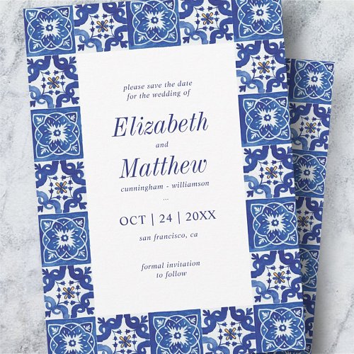 Modern Blue  White Mediterranean Tiles Wedding Save The Date