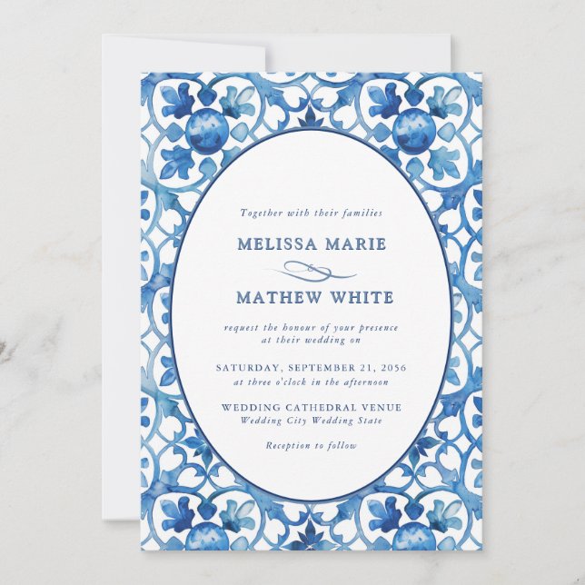 Modern Blue White Mediterranean Watercolor Wedding Invitation (Front)