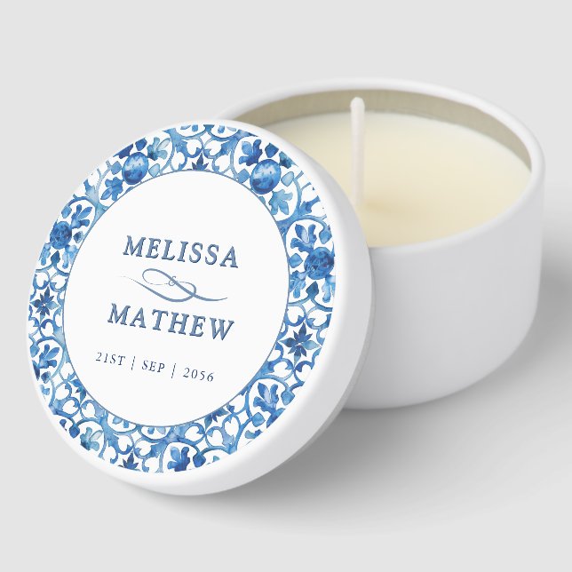 Modern Blue & White Mediterranean Wedding  Mini Candle Favors (Corner)