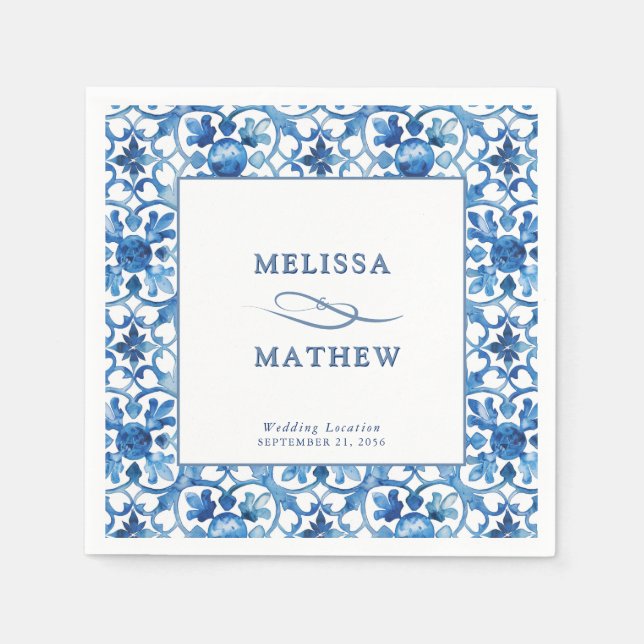 Modern Blue & White Mediterranean Wedding Napkins (Front)
