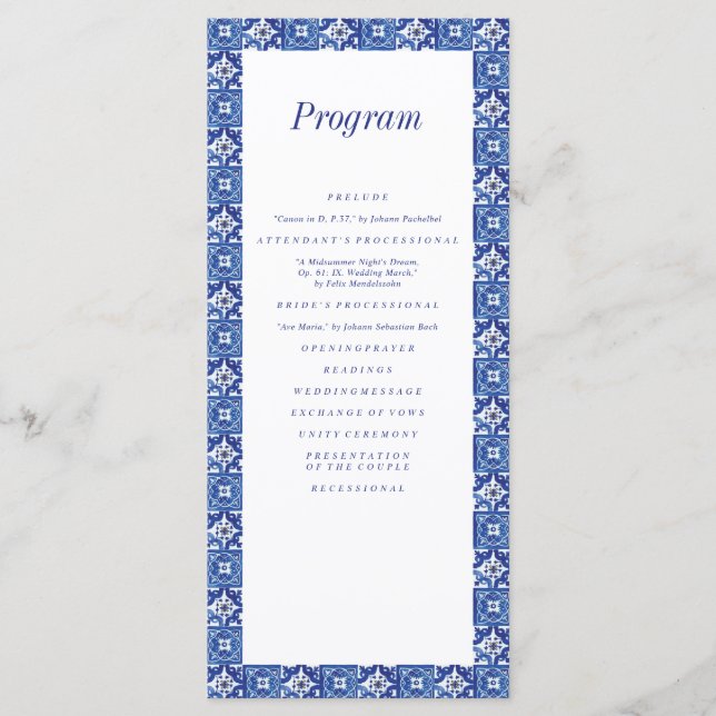 Modern Blue White Mediterranean Wedding Program (Front)
