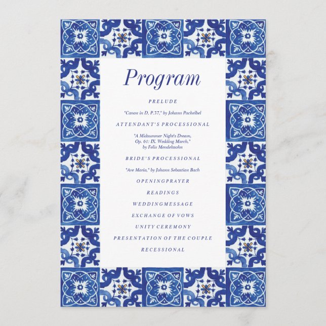 Modern Blue White Mediterranean Wedding Program (Front)