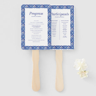 Modern Blue White Mediterranean Wedding Program Hand Fan