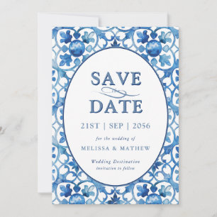 Modern Blue White Mediterranean Wedding Save The Date