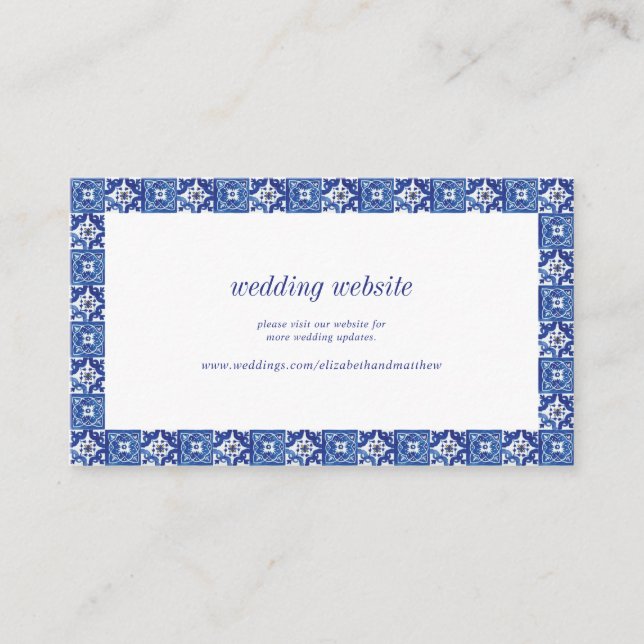 Modern Blue White Mediterranean Wedding Website Enclosure Card (Front)