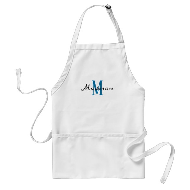 Modern Blue White Monogram Script Name Womens Adult Apron (Front)