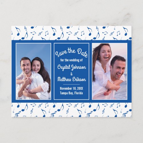 Modern Blue White Music Notes Photo Save the Date