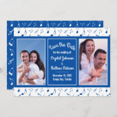 Modern Blue White Music Notes Photo Save the Date (Front/Back)