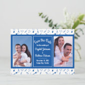Modern Blue White Music Notes Photo Save the Date (Standing Front)