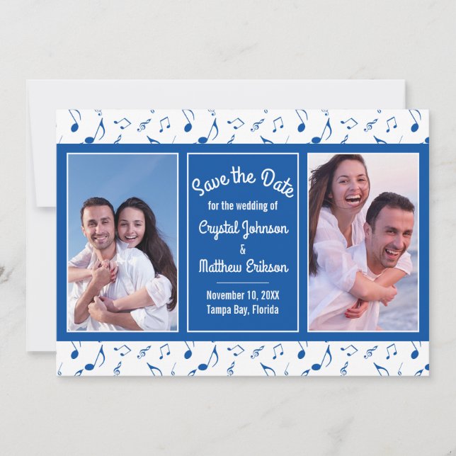 Modern Blue White Music Notes Photo Save the Date (Front)