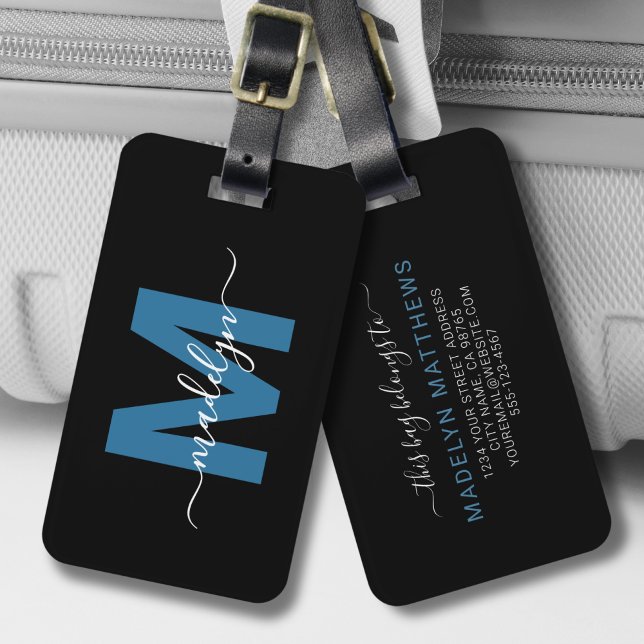 Modern Blue White Name Monogram Luggage Tag (Modern Blue White Name Monogram Luggage Tag)