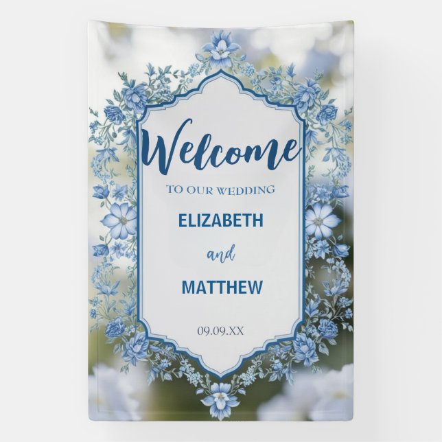 Modern  Blue & White Overlay Flowers wedding Banner (Vertical)