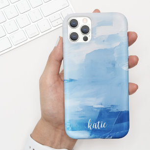 Modern Blue + White Painted Art w/ Name iPhone 15 Case