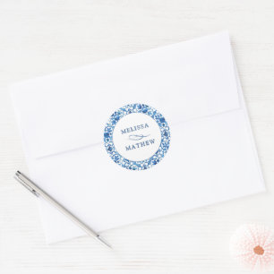 Modern Blue & White Pattern Bride & Groom Wedding Classic Round Sticker