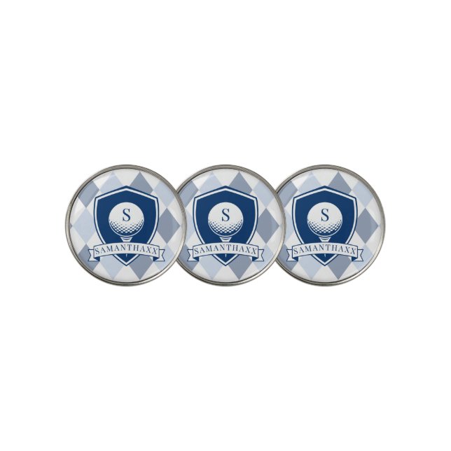 Modern Blue White Pattern Golfer Initial Monogram Golf Ball Marker (3 Up)