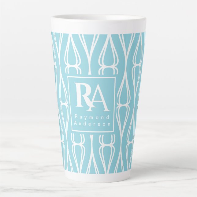 Modern Blue White Pattern Monogram Latte Mug (Front)