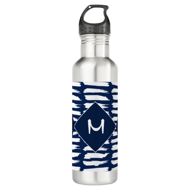 Modern Blue White Pattern Stylish Monogram  Stainless Steel Water Bottle (Front)