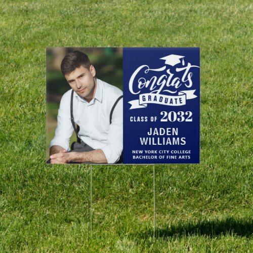 Modern Blue White PHOTO Graduation Banner Yard Sign