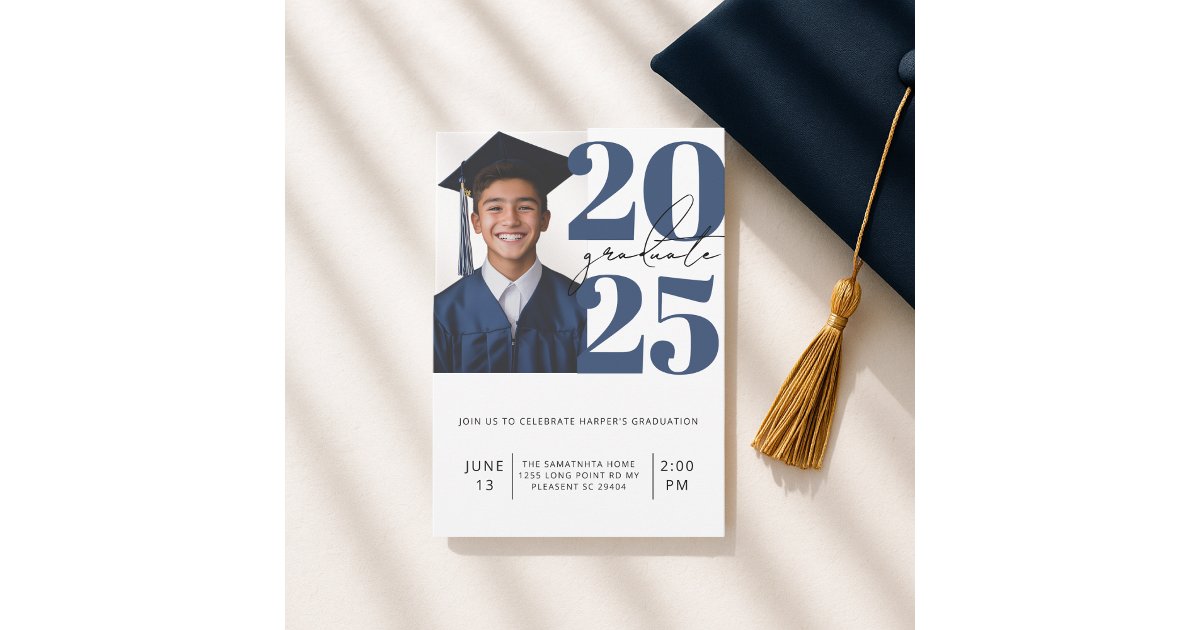 Modern Blue & White Photo Graduation Class of 2025 Invitation | Zazzle