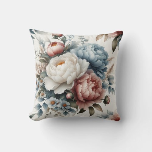 Modern blue white pink peonies flowers throw pillow