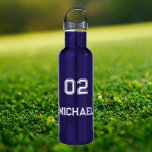 Modern Blue White Player Name Jersey Number Sports Stainless Steel Water Bottle<br><div class="desc">Create your own custom, personalized, cool, chic, stylish, lightweight, durable, crack proof, spill proof, modern sporty white typography script, classy stainless steel blue water bottle. Simply type in your name / kids name / player name and player jersey number, to customize. Makes a great gift for wedding, birthday, graduation, fathers...</div>